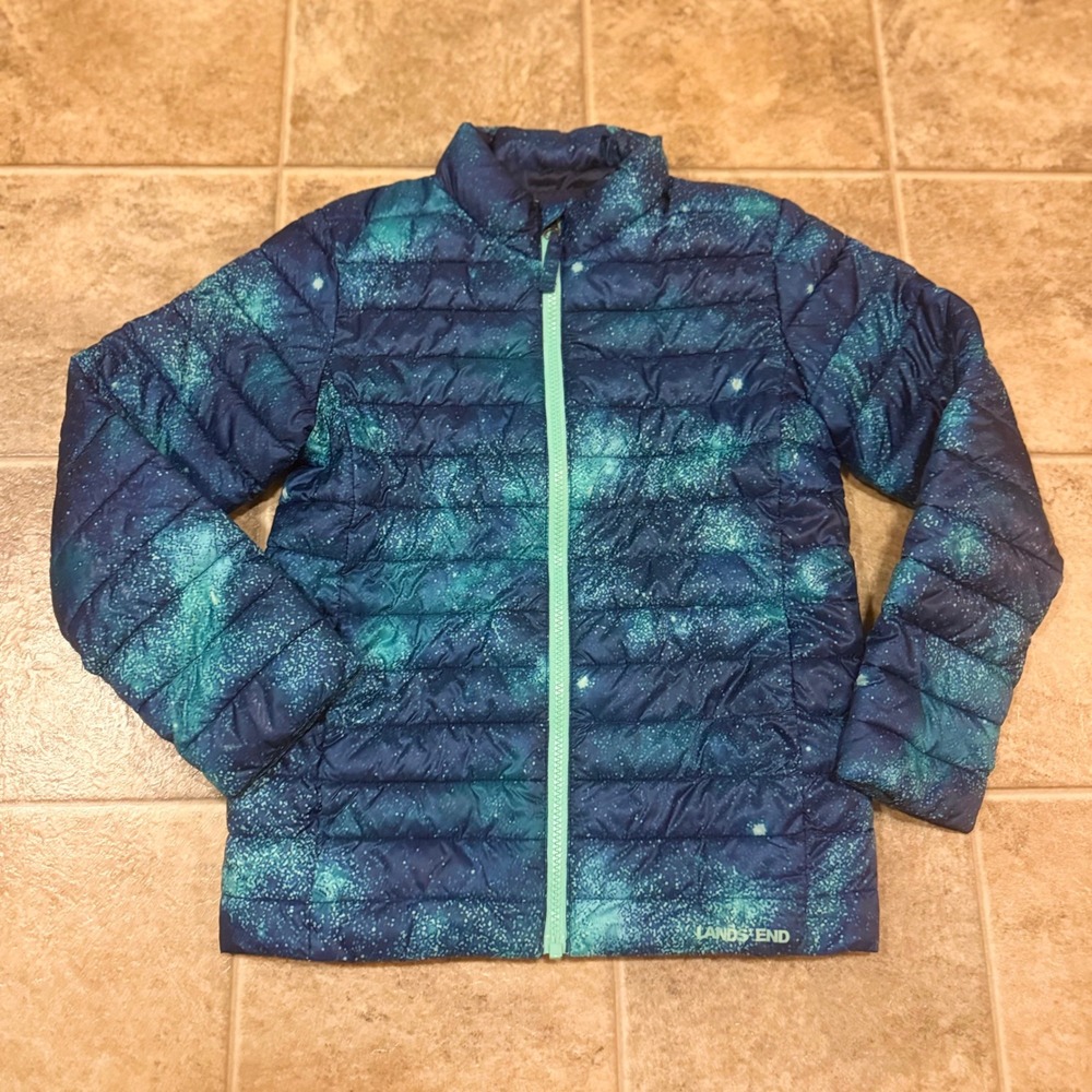 Lands End Kids Blue Galaxy Star‎ Primaloft Puffer Jacket Size M 8 Quilted Coat